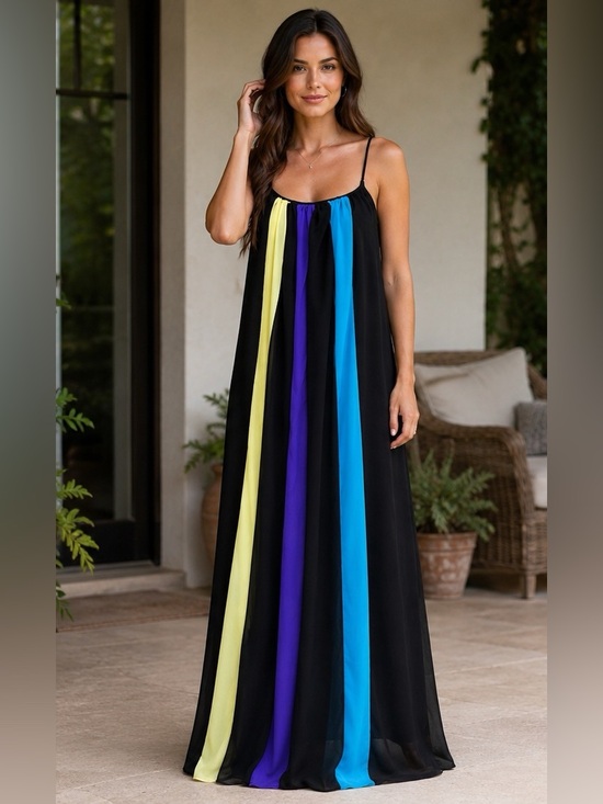 Dresses & Skirts - Colorblock Sheer Maxi Dress Adjustable Straps Boho Beach Cover Up